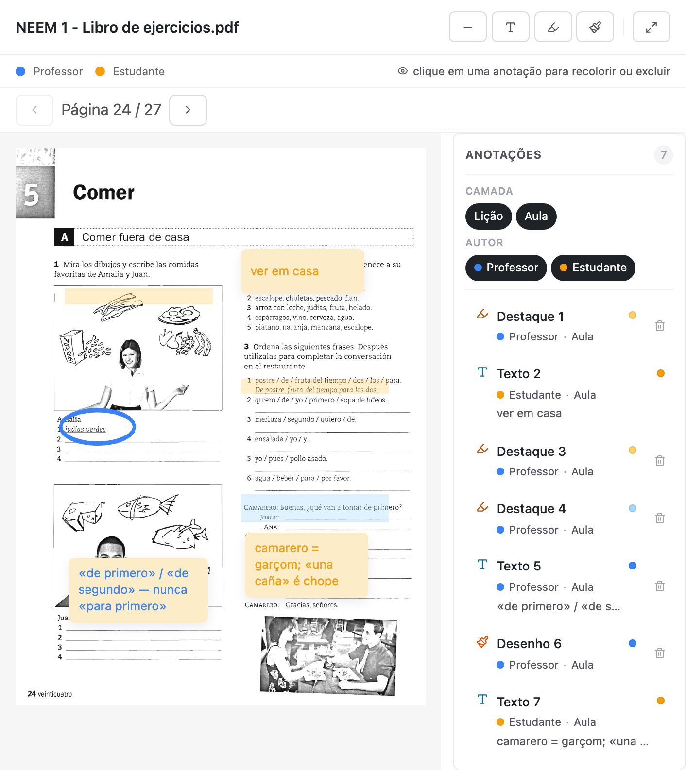 Uma página do livro de exercícios com destaques e notas da professora em azul e notas do aluno em laranja, e ao lado a lista de anotações com filtros por camada e por autor.