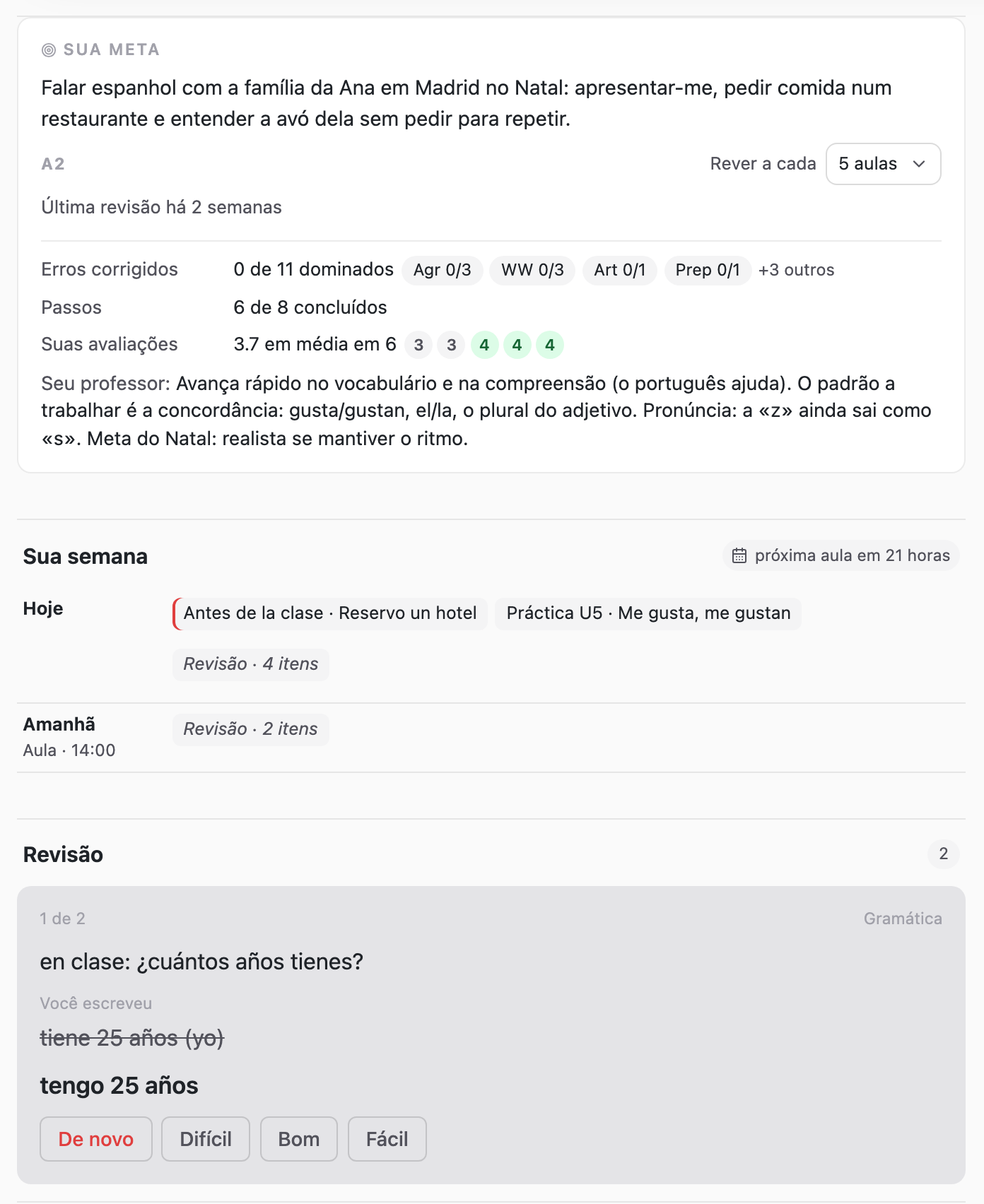 A página Hoje do aluno: a meta escrita por ele, o progresso por evidência, a semana com as tarefas e as revisões, e um cartão de revisão com a correção e os botões «De novo», «Difícil», «Bom», «Fácil».